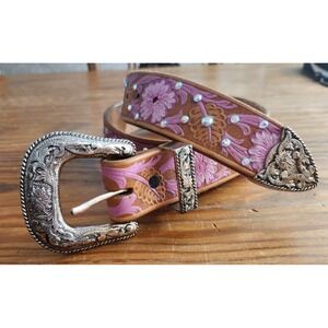 Hand Tooled & Painted Leather‎ Belt AB Swarovski Iridescent Crystals Custom M/L